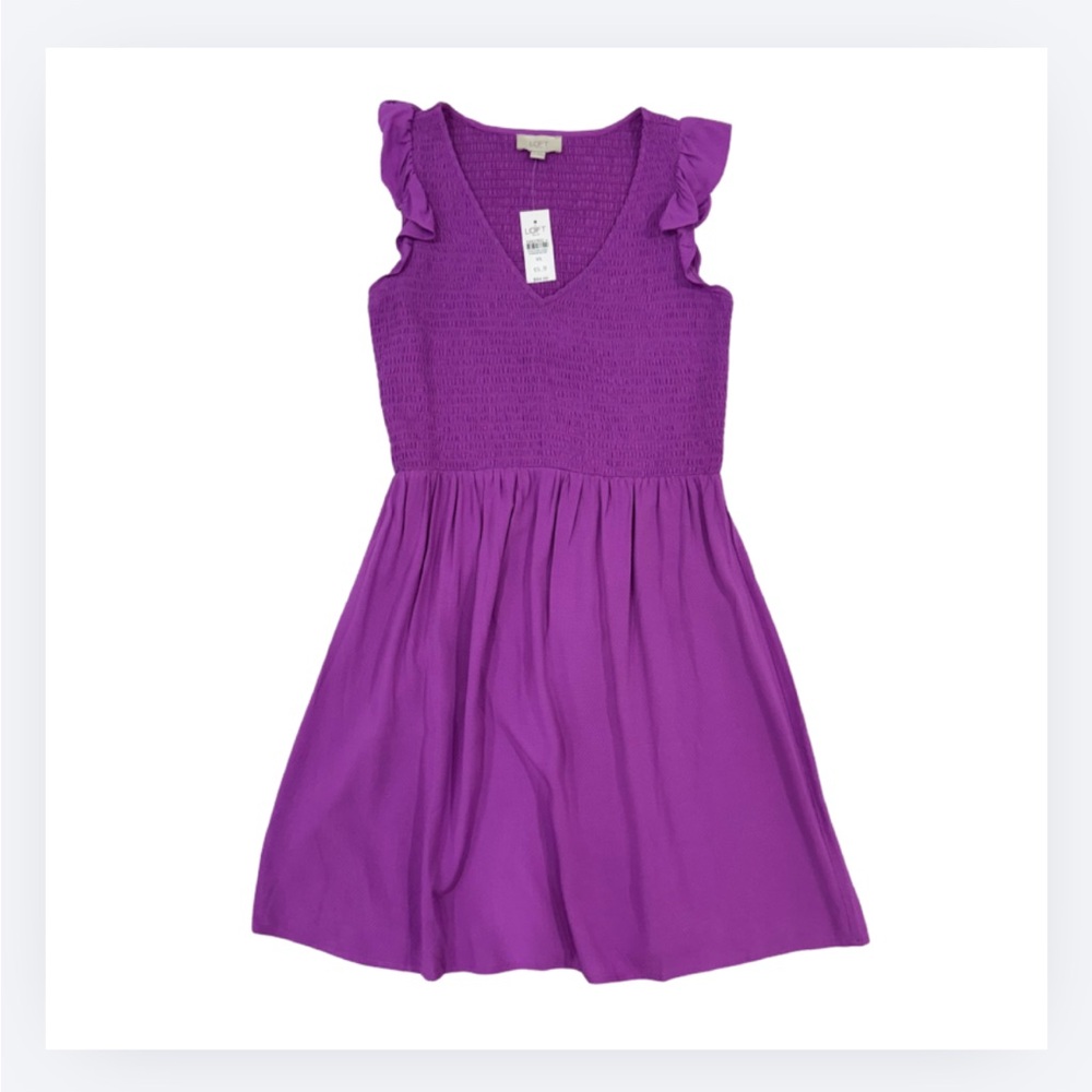 NWT LOFT XS Purple Smocked Midi Dress with Ruffle Shoulders